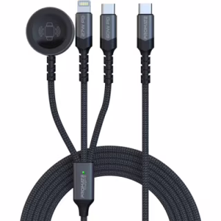 Дата кабель USB-C to Lightning 27W + USB-C 60W + Apple Watch 2.5W 1.5m icharge trio black Promate (icharge-trio.black)