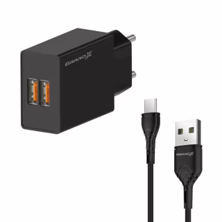 Зарядное устройство Grand-X 2xUSB 5V 2.4A + cable USB to USB-C black (CH-15T)