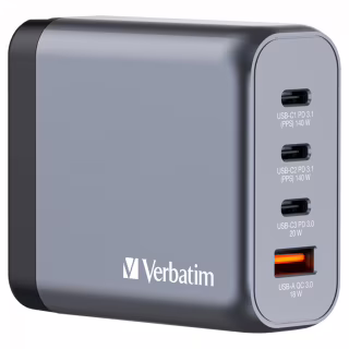 Зарядний пристрій Verbatim GaN 140 W 4 ports (2xUSB-C-140 W,USB-C 20 W /USB-A -3.0) (32203)