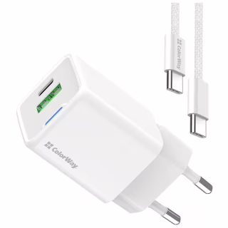 Зарядний пристрій ColorWay C101A GaN Mini 20W PD PPS USB-C + USB-A QC4.0 + cable USB-C to USB-C black (CW-CHS062PDC-WT)