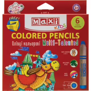 Карандаши цветные Maxi Multi-Talented 3 в 1, 6 цветов с чинкой, круглые (MX15171)