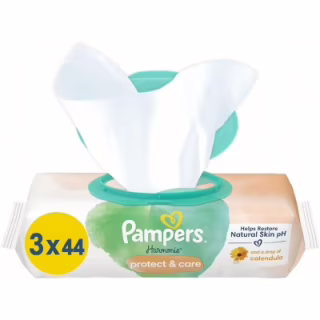 Дитячі вологі серветки Pampers Harmonie Protect&Care з календулою 3 пачки х 44 шт (8700216250672)