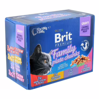 Влажный корм для кошек Brit Premium Cat семейная тарелка ассорти 4 вкуса 100 г х 12 шт (8595602506255)
