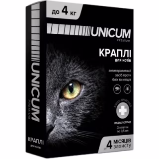 Краплі для тварин Unicum Premium від бліх та кліщів на холку для котів масою до 4 кг/3 шт (4820150201760)