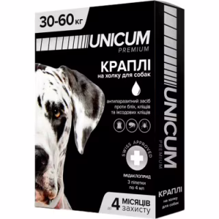 Краплі для тварин Unicum Premium від бліх та кліщів на холку для собак масою 30-60 кг/3 шт (4820150203856)