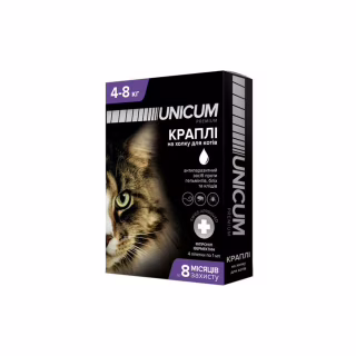 Капли для животных Unicum COMPLEX против блох, клещей и гельминтов на холку для кошек 4-8 кг/4 шт (4820150202491)