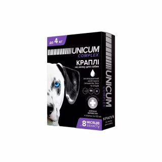 Капли для животных Unicum COMPLEX от блох, клещей и гельминтов на холку для собак до 4 кг/4 шт (4820150202507)