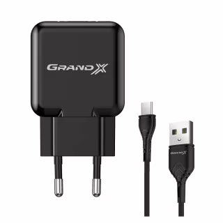 Зарядное устройство Grand-X USB 5V 2.1A + cable USB to USB-C black (CH-03T)