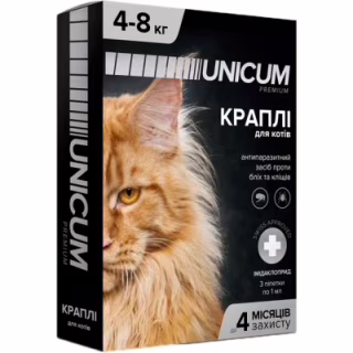 Капли для животных Unicum Premium от блох и клещей на холку для кошек массой 4-8 кг/3 шт (4820150201777)