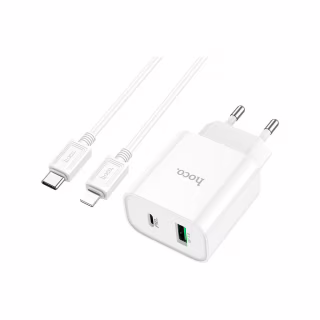 Зарядний пристрій HOCO C80A Plus Rapido 1xUSB-C PD20W + 1xUSB QC3.0 + cable USB-C to Lightning White (6931474779892)
