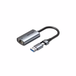 Перехідник USB-C + USB A to RJ45 Ethernet 1000Mbps 0.15m aluminum gray Vention (CFQHB)