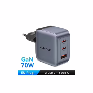 Зарядний пристрій Vention 1xUSB-C PD70W + 1xUSB QC3.0 22.5W GaN + cable USB-C to USB-C 1.0m 5A gray (TZ-FCGH0-EU)