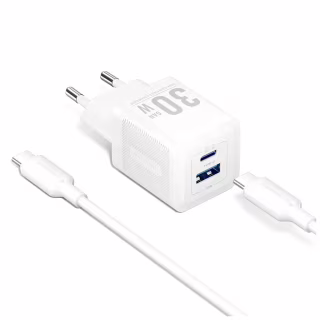 Зарядний пристрій Vention 1xUSB-C PD30W + 1xUSB QC3.0 30W GaN + cable USB-C to USB-C 1.0m white (TZ-FEQW0-EU-01)