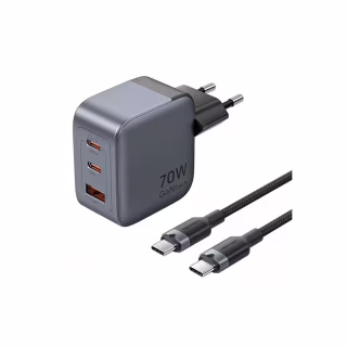 Зарядний пристрій Vention 2xUSB-C PD70W + 1xUSB QC3.0 22.5W GaN + cable USB-C to USB-C 1.0m black gray (TZ-FEXH0-EU)