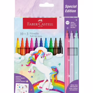 Фломастеры Faber-Castell Единорог 10 цветов + 3 пастельных металлика + наклейки в картонной коробке (32632)