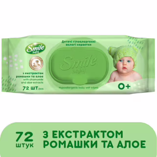 Дитячі вологі серветки Smile baby з екстрактом ромашки, алое і вітамінним комплексом з клапаном 72 шт (4823071653984)