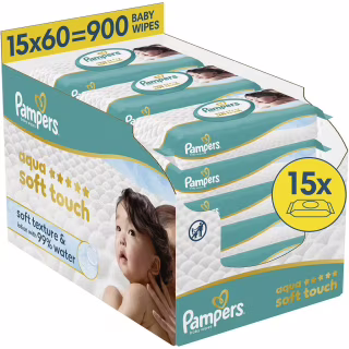 Дитячі вологі серветки Pampers Aqua Soft Touch 15x60 шт (900 шт) (8006530140232)