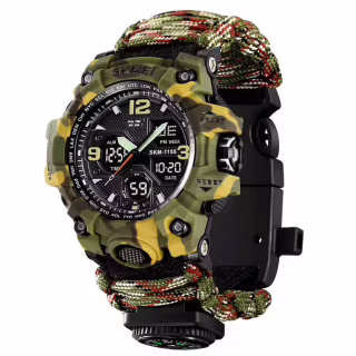 Часы наручные SKMEI 1155BCMGN, PARACORD, GREEN CAMO, Compass, термометр, свисток, кресало, 10460