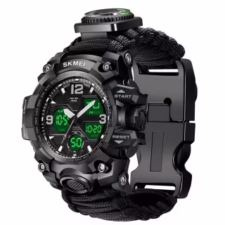Часы наручные SKMEI 1155BKBK, PARACORD, Black, Compass, термометр, свисток, кресало, 10459
