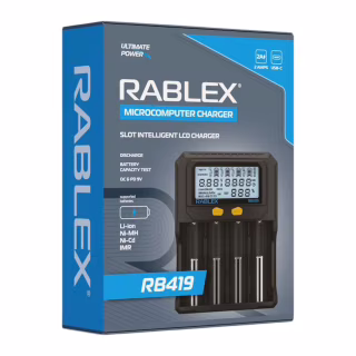 Зарядний пристрій Rablex RB419 — 4 слоти, 2A, LCD-дисплей, тест ємності, підтримка QC/PD, для Li-i