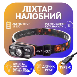 Налобний ліхтар PL-199, XPE-SMD, акум., ЗУ Type-C, сенсор