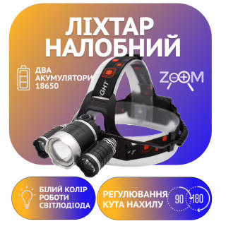 Налобний фонар BORUIT RJ3001, Акк., T6 LED, ZOOM, автомобільна зарядка