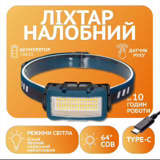 Налобний ліхтар Rablex RB957, жовтий+білий+червоний, 64хCOB, Sensor, акум, Type-C