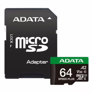 Карта памяти ADATA 64GB microSD class 10 UHS-I U3 V30 A2 Speed Plus (UD64GUI3V30A2SP-RA1)