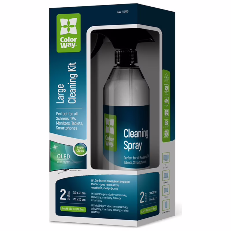 Спрей для очистки ColorWay Cleaning Kit, Large, OLED/LED/LCD/TFT, 550ml, microfibre*2 (CW-5500)