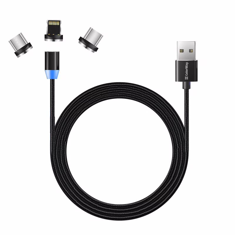 Дата кабель USB 2.0 AM to Lightning + Micro 5P + USB-C 1.0m Magnet only charge ColorWay (CW-CBUU020-BK)