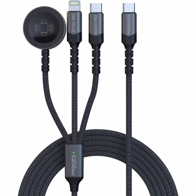 Дата кабель USB-C to Lightning 27W + USB-C 60W + Apple Watch 2.5W 1.5m icharge trio black Promate (icharge-trio.black)