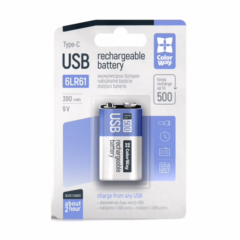 Акумулятор Крона USB-С 390 mAh 9V (Li-Polymer) ColorWay (CW-UB9V-06)