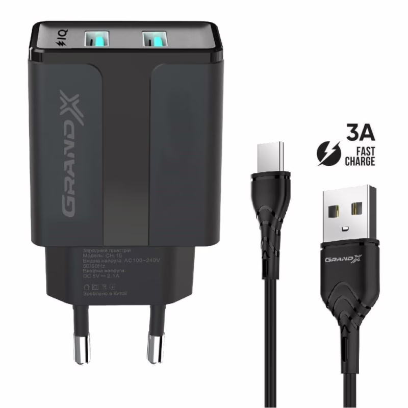 Зарядное устройство Grand-X 2xUSB 5V 2.4A + cable USB to USB-C black (CH-15T)