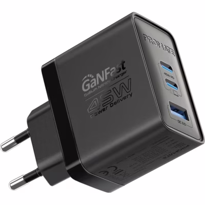 Зарядное устройство Promate powerport-45 2xUSB-C PD + USB-A QC 45W Black (powerport-45.black)