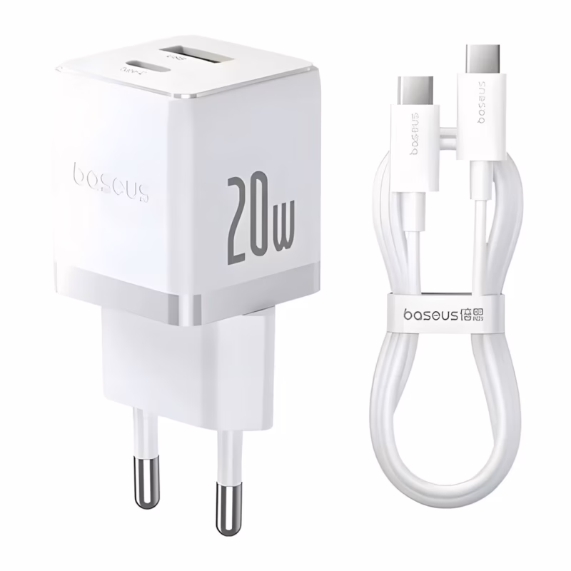 Зарядний пристрій Baseus 1xUSB-C 20W + 1xUSB white + cable USB-C to USB-C 60W 1.0m (P10111608213-01)