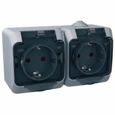 Розетка Schneider Electric CEDAR подвійна 2К+З зі шторками та прозорою кришкою сіра IP44 (WDE000625)
