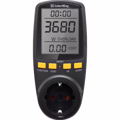 Ватметр ColorWay цифровий 16A/3680W, black (CW-VM16-02D)
