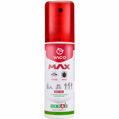 Спрей від комах Vaco Max від комарів, кліщів і мошок Deet 30% з пантенолом 80 мл (5901821952590)
