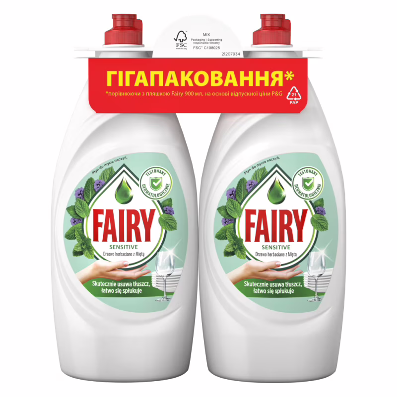 Засіб для ручного миття посуду Fairy Sensitive Чайне дерево і М'ята 2 х 900 мл (8700216759649/8006530210850)