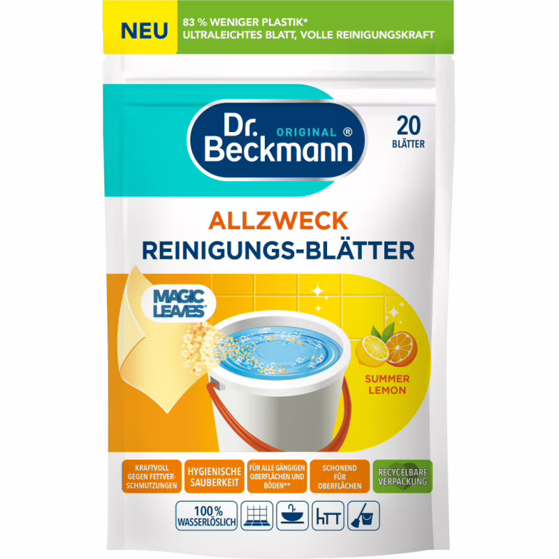 Средство для мытья пола Dr. Beckmann Magic Leaves Растворные салфетки для уборки Летний лимон 20 шт. (4008455097411)