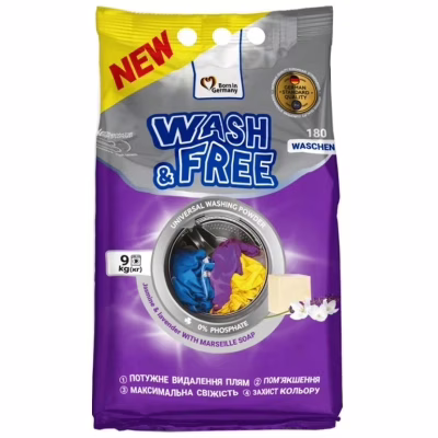 Пральний порошок Wash&Free Universal Жасмин та лаванда з марсельським милом 9 кг (4823128004912)
