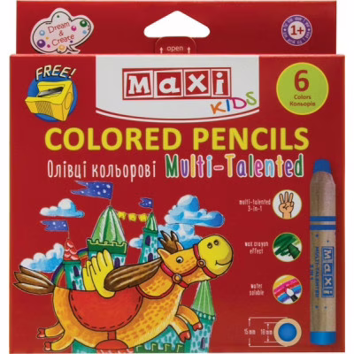 Карандаши цветные Maxi Multi-Talented 3 в 1, 6 цветов с чинкой, круглые (MX15171)