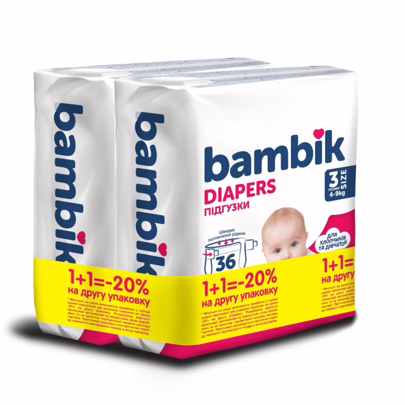 Підгузки Bambik Medium 4-9 кг Розмір 3 Midi 2 х 36 шт (4823071664027)
