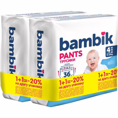 Підгузки Bambik Трусики 9-15 кг Розмір 4 2 х 36 шт (4823071664010)