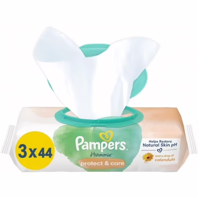 Дитячі вологі серветки Pampers Harmonie Protect&Care з календулою 3 пачки х 44 шт (8700216250672)