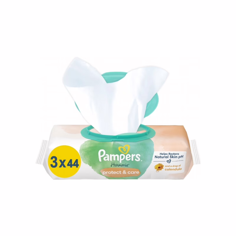 Дитячі вологі серветки Pampers Harmonie Protect&Care з календулою 3 пачки х 44 шт (8700216250672)