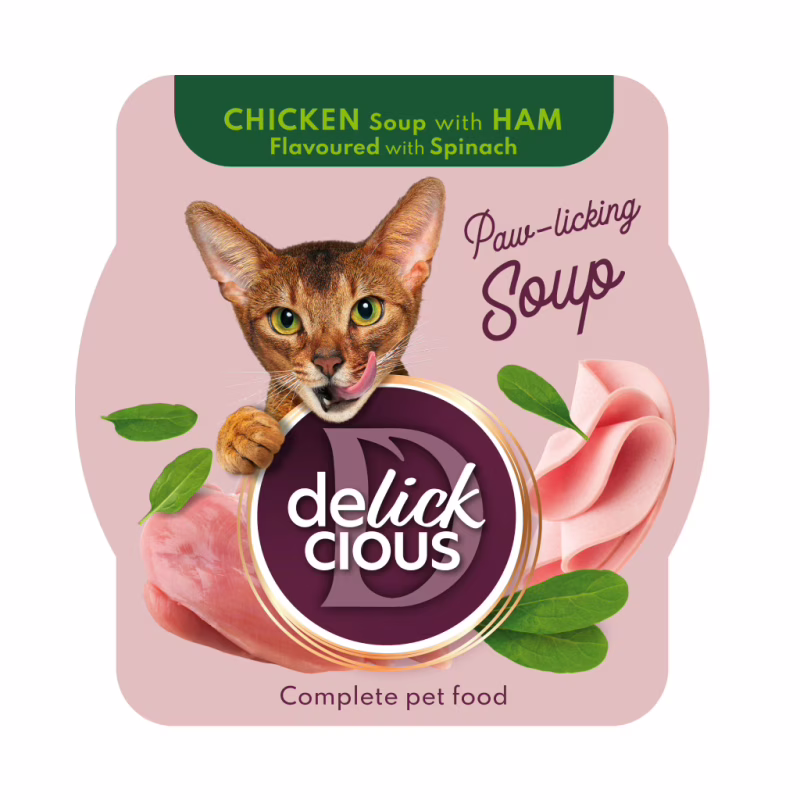 Влажный корм для кошек Delickcious Суп из курицы с ветчиной и добавлением шпината 80 г (4820269141599)