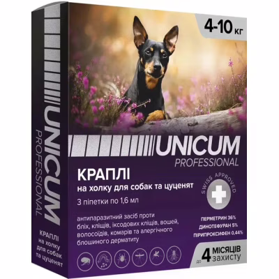 Краплі для тварин Unicum Pro від бліх, вошей, волосоїдів, комарів, москітів, іксодових кліщів для собак 4-10 кг/3 шт (4820150206529)