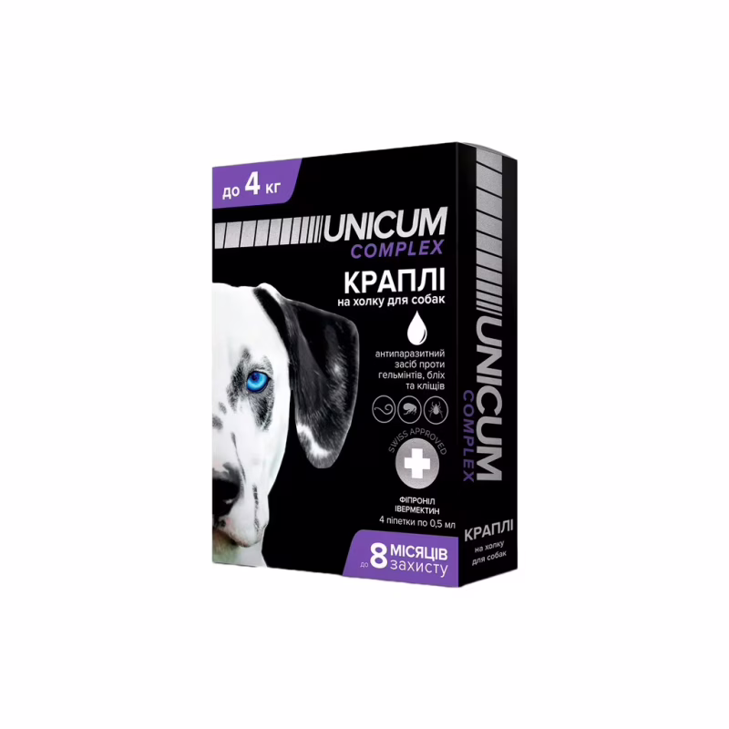 Капли для животных Unicum COMPLEX от блох, клещей и гельминтов на холку для собак до 4 кг/4 шт (4820150202507)