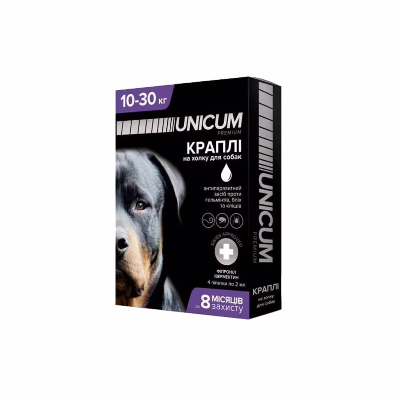 Капли для животных Unicum COMPLEX от блох, клещей и гельминтов на холку для собак 10-30 кг/4 шт (4820150202521)
